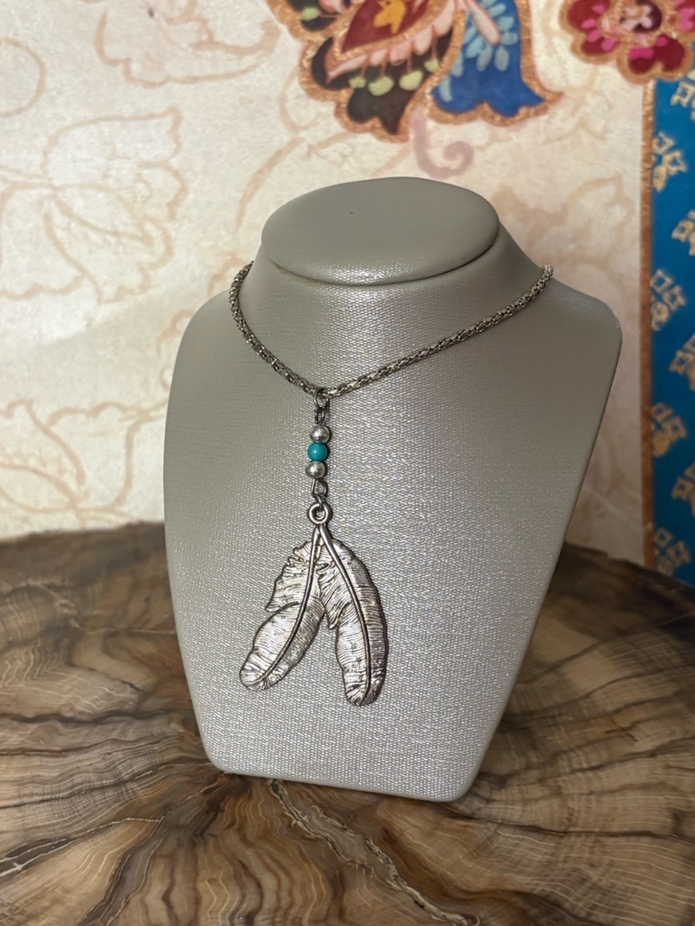 Silver Feathers Turquoise Beaded Necklace with Chain